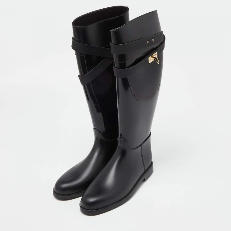 Pre Owned Givenchy Black Rubber Shark Lock Flat Knee Boots Size 39