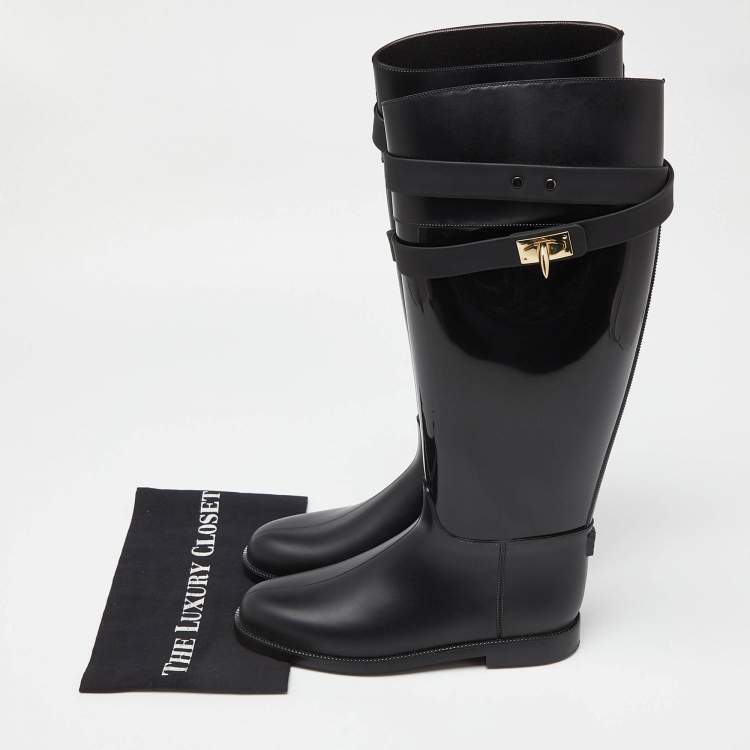Pre Owned Givenchy Black Rubber Shark Lock Flat Knee Boots Size 39