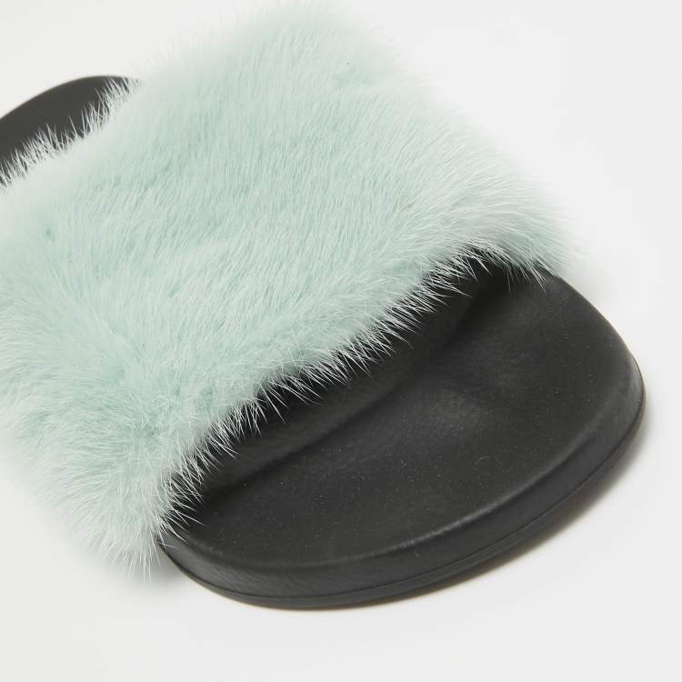Pre Owned Givenchy Pastel Green Mink Fur Pool Slides Size 41