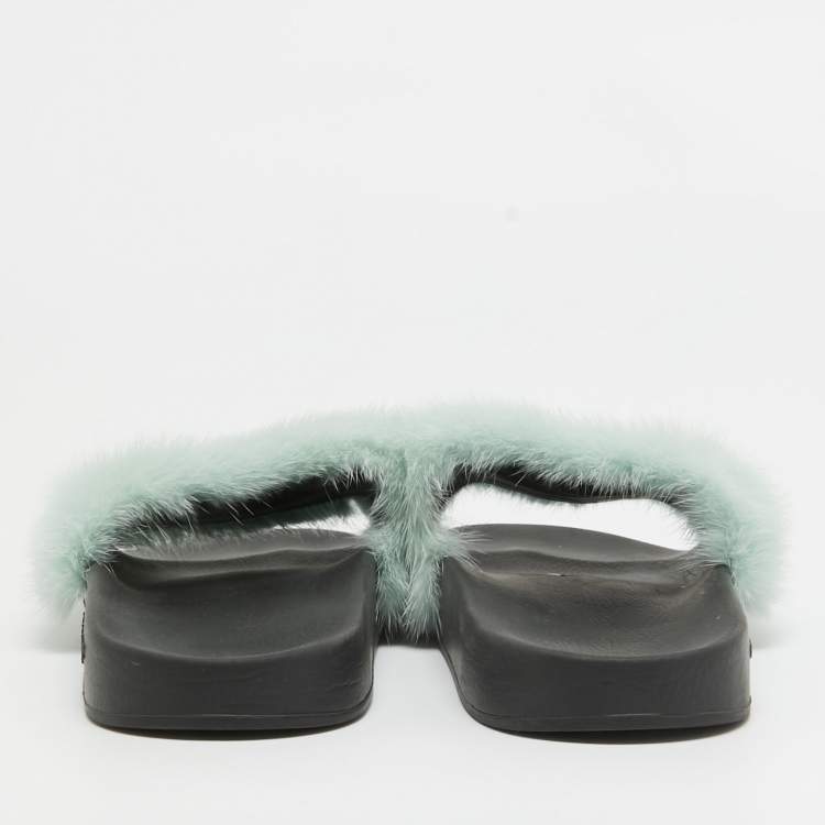 Pre Owned Givenchy Pastel Green Mink Fur Pool Slides Size 41