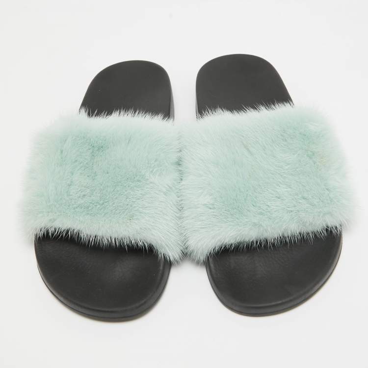 Pre Owned Givenchy Pastel Green Mink Fur Pool Slides Size 41