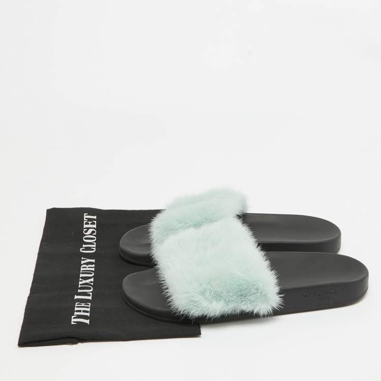 Pre Owned Givenchy Pastel Green Mink Fur Pool Slides Size 41