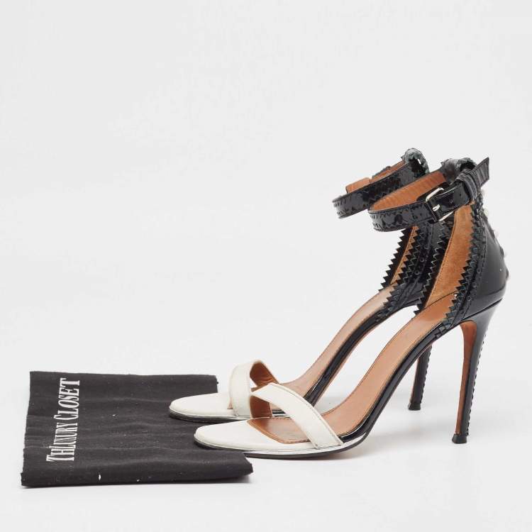 Pre Owned Givenchy White/Black Leather and Patent Ankle Strap Sandals Size 39.5