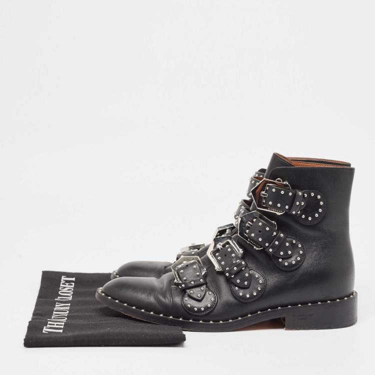 Pre Owned Givenchy Black Leather Studded Buckle Detail Ankle Boots Size 37