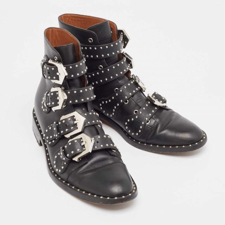 Pre Owned Givenchy Black Leather Studded Buckle Detail Ankle Boots Size 37