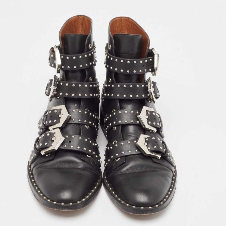 Pre Owned Givenchy Black Leather Studded Buckle Detail Ankle Boots Size 37