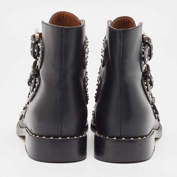 Pre Owned Givenchy Black Leather Studded Buckle Detail Ankle Boots Size 37