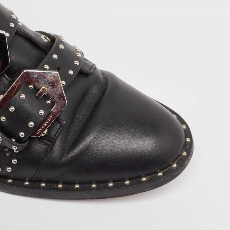 Pre Owned Givenchy Black Leather Studded Buckle Detail Ankle Boots Size 37