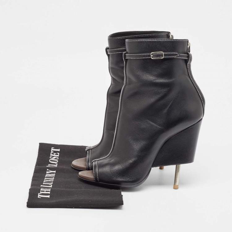 Pre Owned Givenchy Black Leather Screw Heel Peep Toe Boots  Size 39