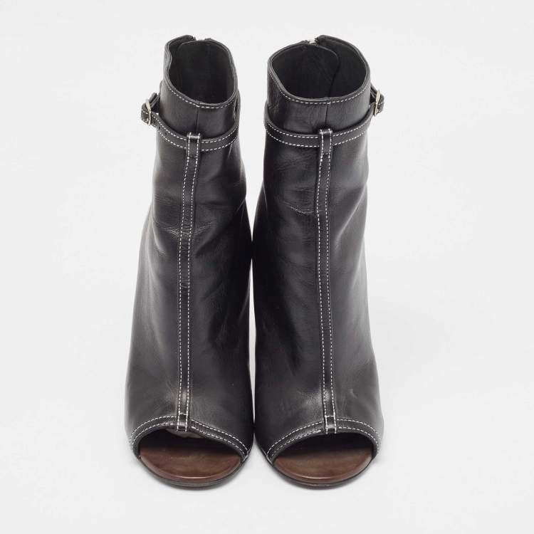 Pre Owned Givenchy Black Leather Screw Heel Peep Toe Boots  Size 39
