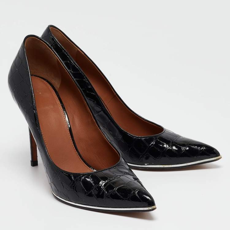 Pre Owned Givenchy Black Croc Embossed Patent Leather Pointed Toe Pumps Size 41