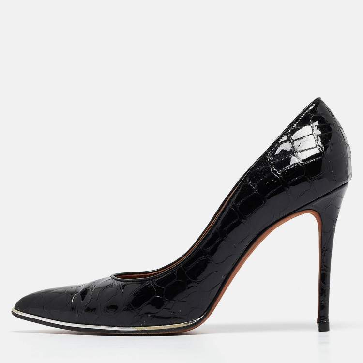 Pre Owned Givenchy Black Croc Embossed Patent Leather Pointed Toe Pumps Size 41