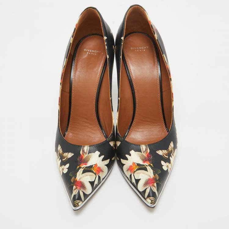 Pre Owned Givenchy Black Floral and Butterfly Print Leather Pointed Toe Pumps Size 41