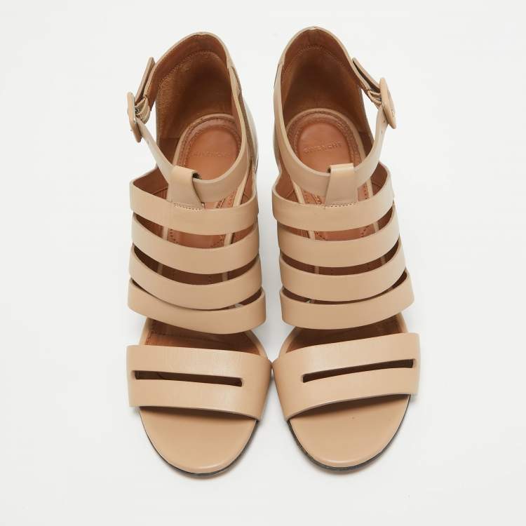 Pre Owned Givenchy Beige Leather Gladiator Block Heel Ankle Strap Sandals Size 38