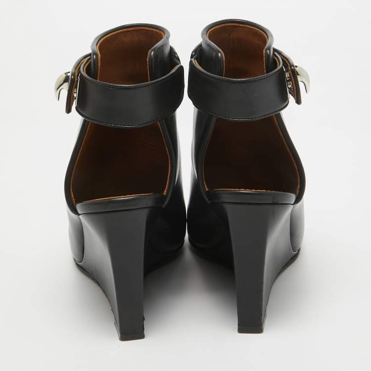 Pre Owned Givenchy Black Leather Shark Lock Open Toe Wedge Sandals Size 36