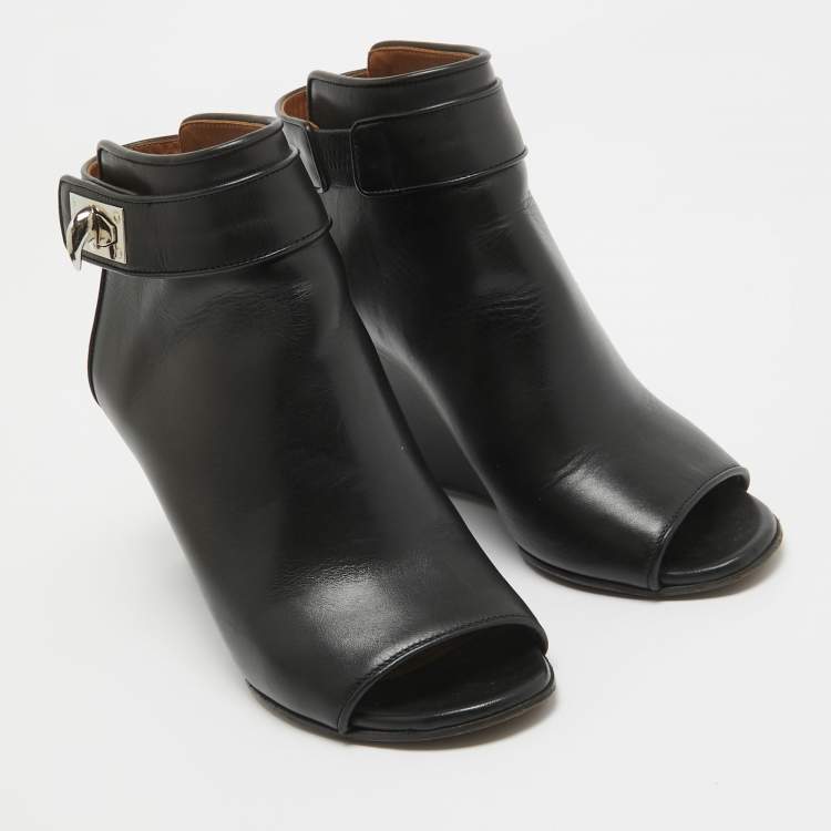 Pre Owned Givenchy Black Leather Shark Lock Open Toe Wedge Sandals Size 36