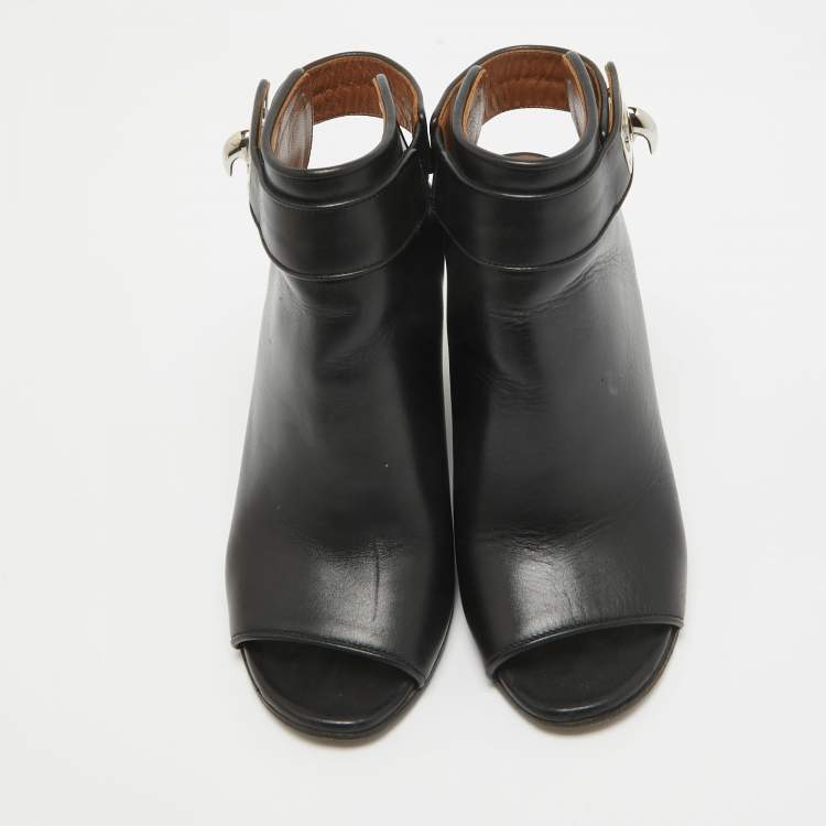 Pre Owned Givenchy Black Leather Shark Lock Open Toe Wedge Sandals Size 36