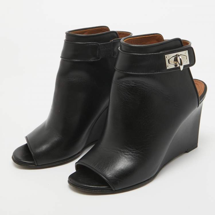 Pre Owned Givenchy Black Leather Shark Lock Open Toe Wedge Sandals Size 36