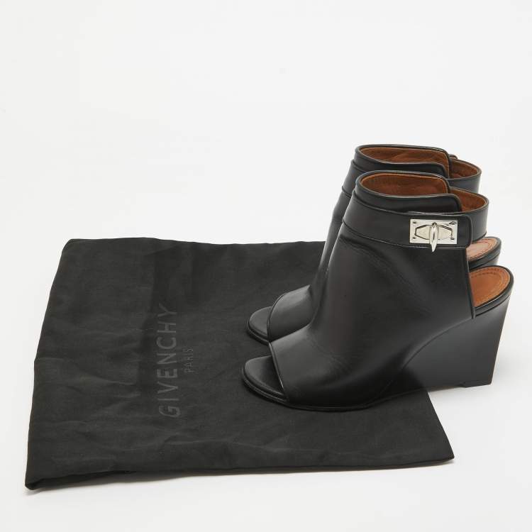 Pre Owned Givenchy Black Leather Shark Lock Open Toe Wedge Sandals Size 36