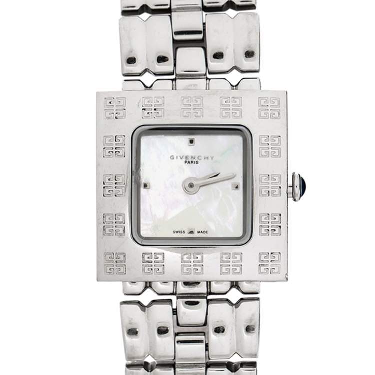 Pre Owned Givenchy Mother Of Pearl Stainless Steel Apsaras 1558962 Square Women's Wristwatch 25 mm