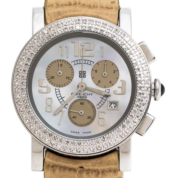 Pre Owned Givenchy Mother of Pearl Stainless Steel Diamonds Saqqhara Women's Wristwatch 36 mm