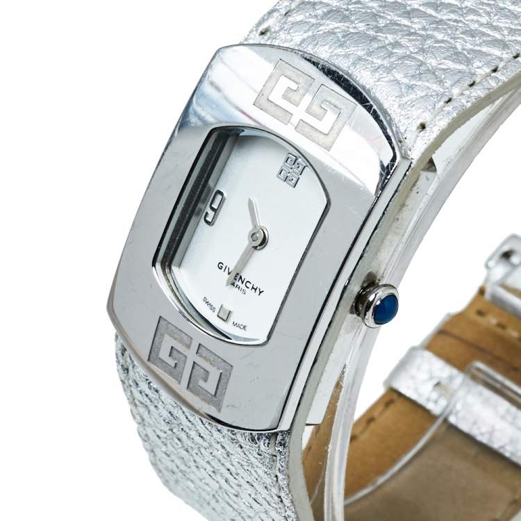 Pre Owned Givenchy White Stainless Steel Silver Leather Expression 2 92438731 Quartz Women's Wristwatch 29 MM
