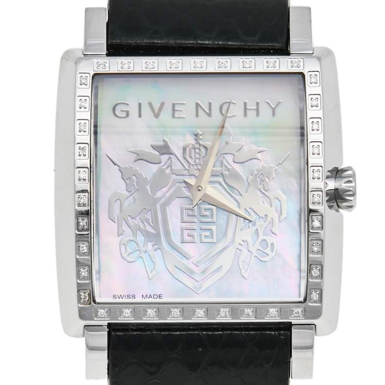 Pre Owned Givenchy Mother of Pearl Stainless Steel Leather Diamonds GV.5214M Women's Wristwatch 38 mm