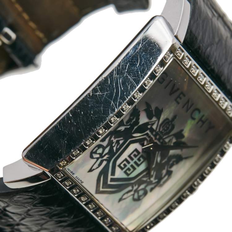 Pre Owned Givenchy Mother of Pearl Stainless Steel Leather Diamonds GV.5214M Women's Wristwatch 38 mm