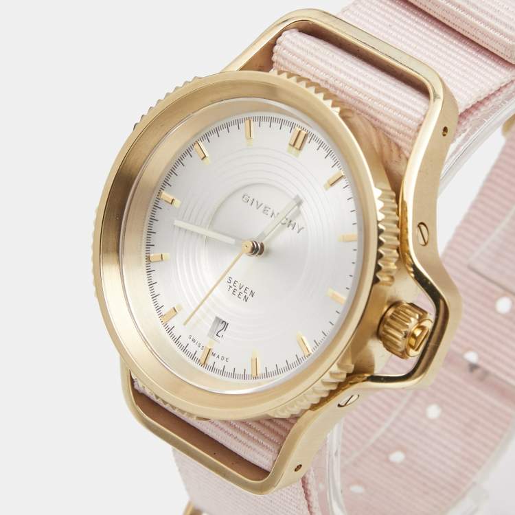 Pre Owned Givenchy Silver Gold Plated Stainless Steel Fabric Seventeen 100181 Women's Wristwatch 41 mm