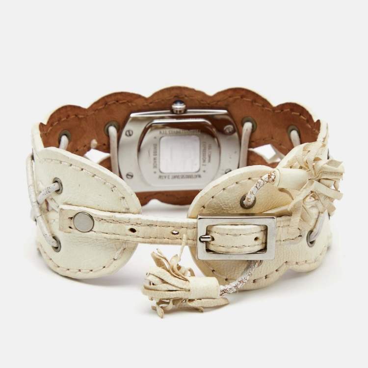 Pre Owned Givenchy White Stainless Steel Leather Expression 2 92438731 Women's Wristwatch 22 mm 