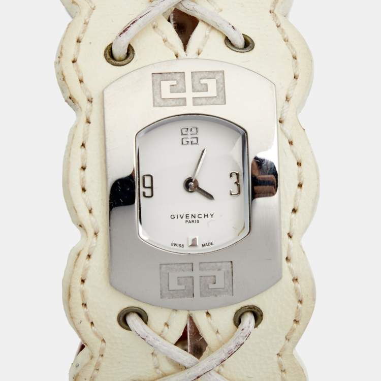 Pre Owned Givenchy White Stainless Steel Leather Expression 2 92438731 Women's Wristwatch 22 mm 