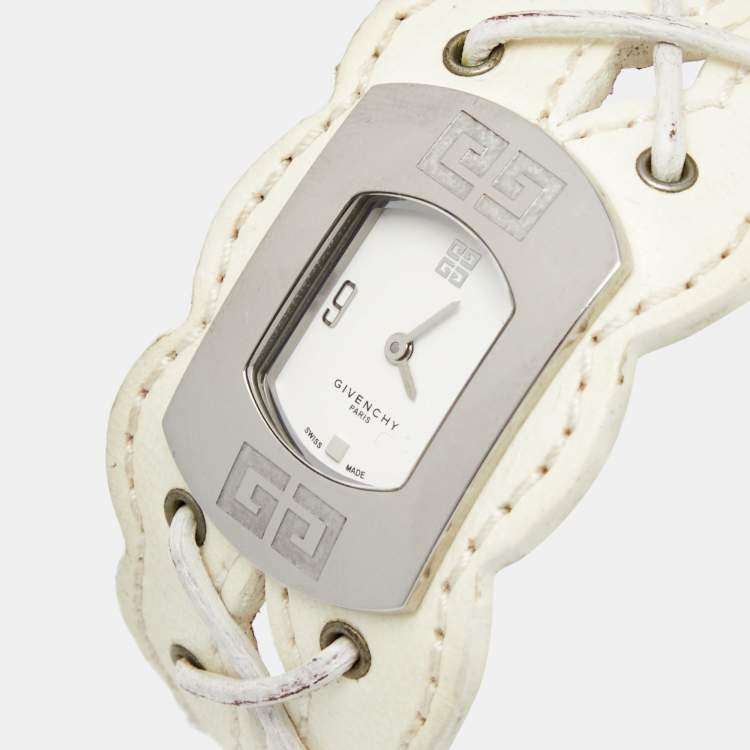 Pre Owned Givenchy White Stainless Steel Leather Expression 2 92438731 Women's Wristwatch 22 mm 