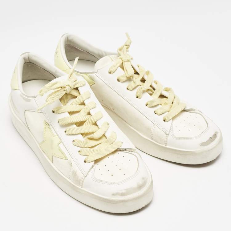 Pre Owned Golden Goose Off White/Yellow Leather Stardan Sneakers Size 39