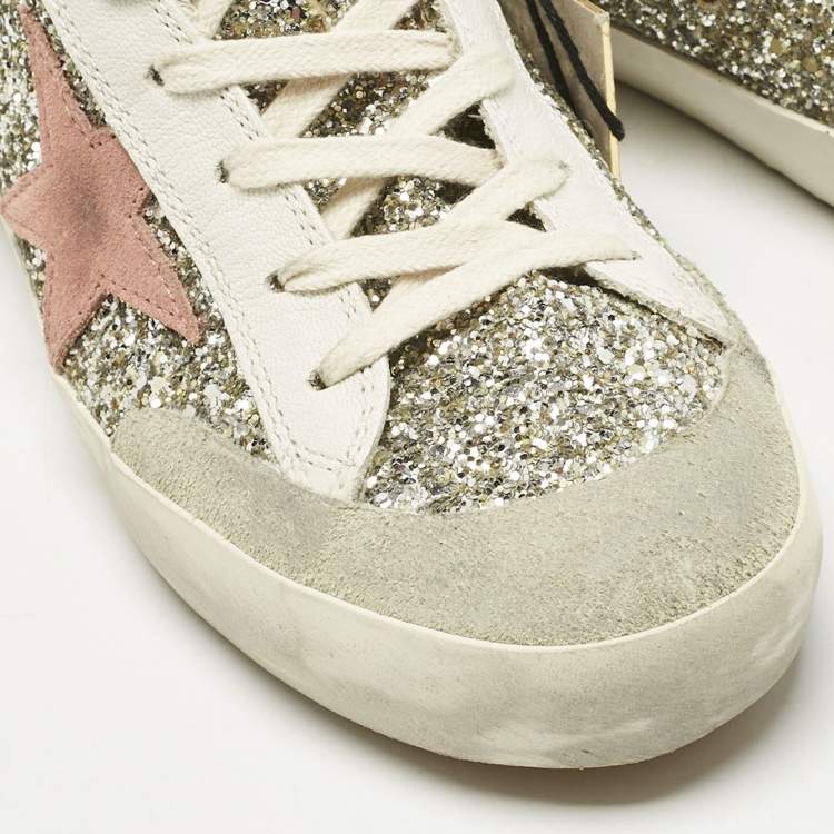 مملوكة مسبقًا Golden Goose Silver/White Glitter and Leather Francy Sneakers Size 37