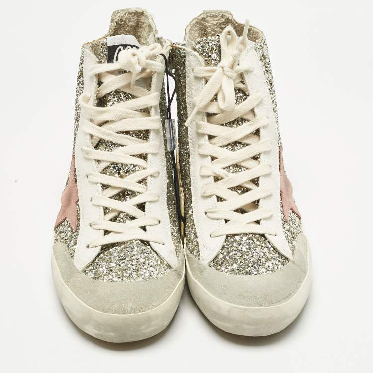 مملوكة مسبقًا Golden Goose Silver/White Glitter and Leather Francy Sneakers Size 37
