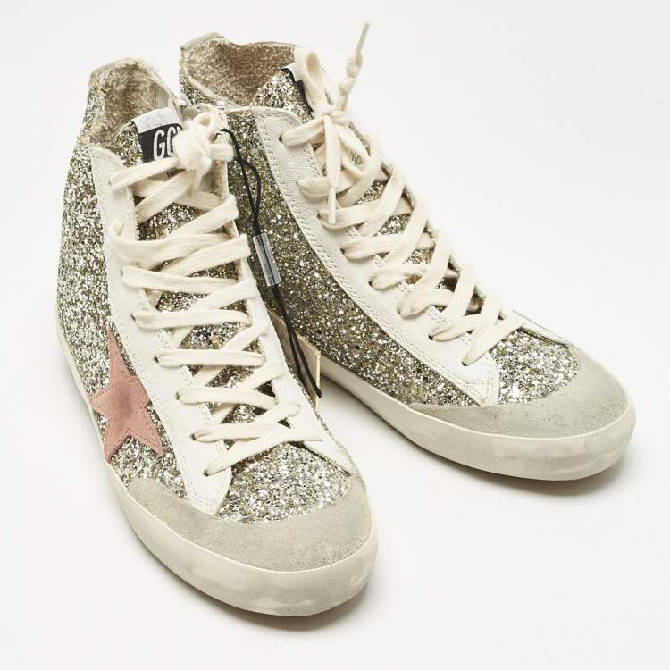 مملوكة مسبقًا Golden Goose Silver/White Glitter and Leather Francy Sneakers Size 37