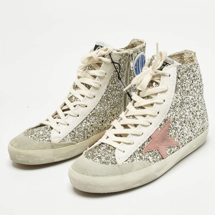 مملوكة مسبقًا Golden Goose Silver/White Glitter and Leather Francy Sneakers Size 37