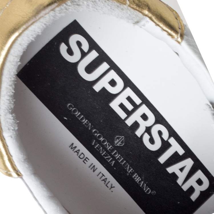Pre Owned Golden Goose Deluxe Brand White Leather Gold Metallic Tab Leopard Star Superstar Size 35
