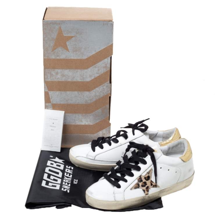 Pre Owned Golden Goose Deluxe Brand White Leather Gold Metallic Tab Leopard Star Superstar Size 35
