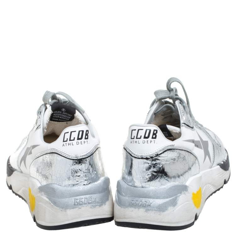 Pre Owned Golden Goose White/Silver Fabric And Leather Lace Up Sneakers Size 40
