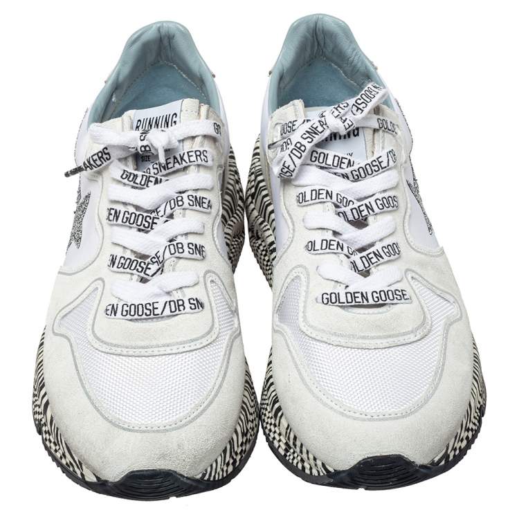 مملوكة مسبقًا Golden Goose White Leather And Mesh Running Sole Crystal Star Zebra Print Sole Low Top Sneakers Size 38