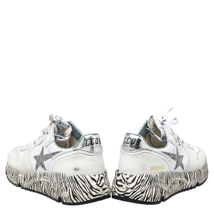 مملوكة مسبقًا Golden Goose White Leather And Mesh Running Sole Crystal Star Zebra Print Sole Low Top Sneakers Size 38