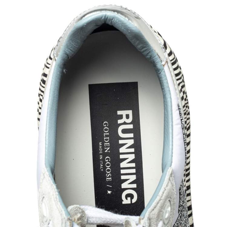 مملوكة مسبقًا Golden Goose White Leather And Mesh Running Sole Crystal Star Zebra Print Sole Low Top Sneakers Size 38
