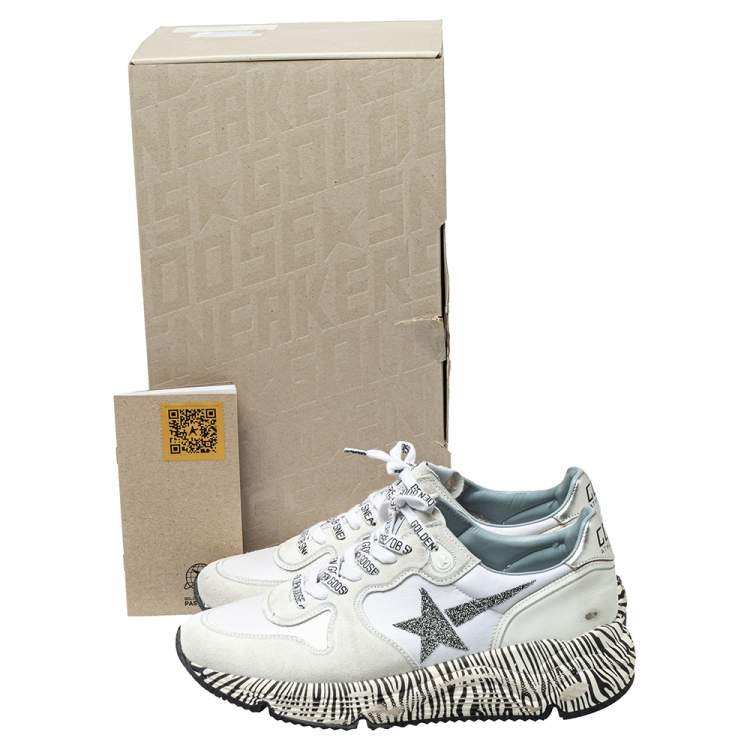 مملوكة مسبقًا Golden Goose White Leather And Mesh Running Sole Crystal Star Zebra Print Sole Low Top Sneakers Size 38