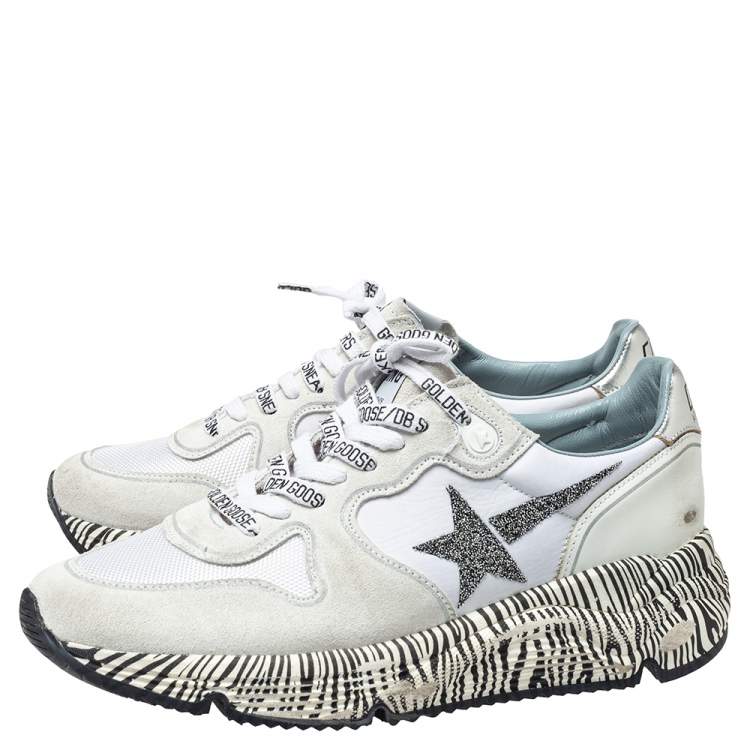 مملوكة مسبقًا Golden Goose White Leather And Mesh Running Sole Crystal Star Zebra Print Sole Low Top Sneakers Size 38