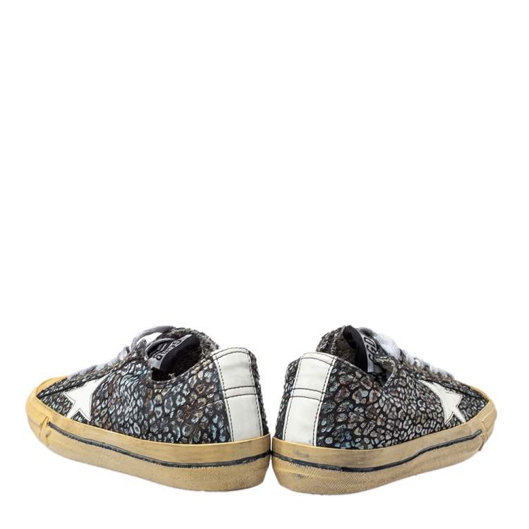 Pre Owned Golden Goose Grey/White Patent Leather And Glitter Vstar 2 Sneakers Size 36