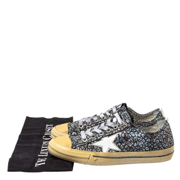 Pre Owned Golden Goose Grey/White Patent Leather And Glitter Vstar 2 Sneakers Size 36