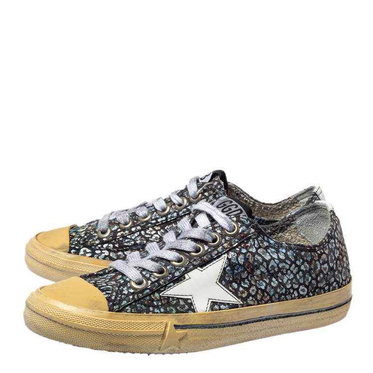 Pre Owned Golden Goose Grey/White Patent Leather And Glitter Vstar 2 Sneakers Size 36