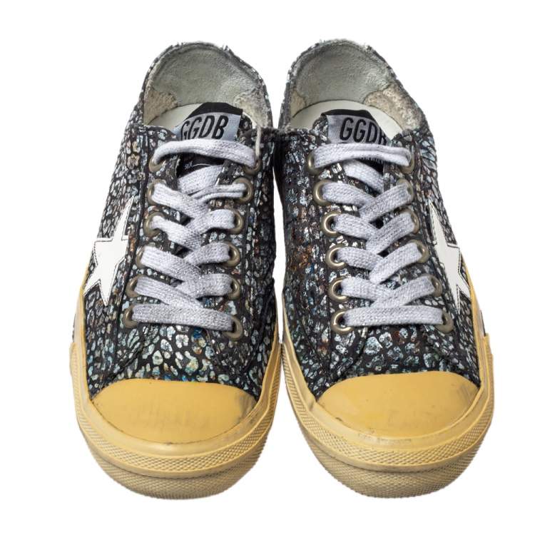 Pre Owned Golden Goose Grey/White Patent Leather And Glitter Vstar 2 Sneakers Size 36