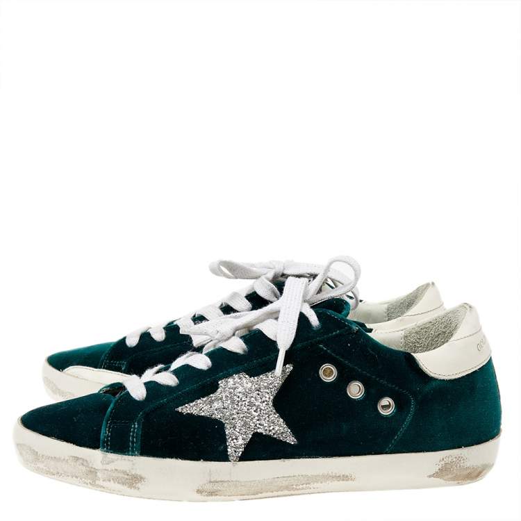 Pre Owned Golden Goose Green/White Velvet And Leather SuperStar Low Top Sneakers Size 38